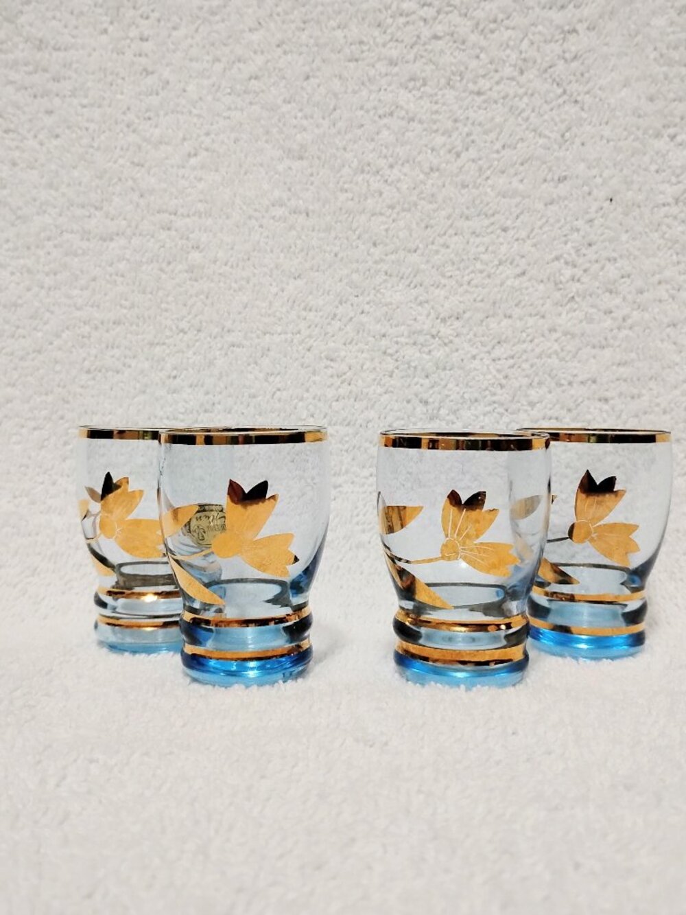 Vtg Libbey David Douglas Aqua Gold Pinecone Glasses MCM Flower Thistle Set of 4